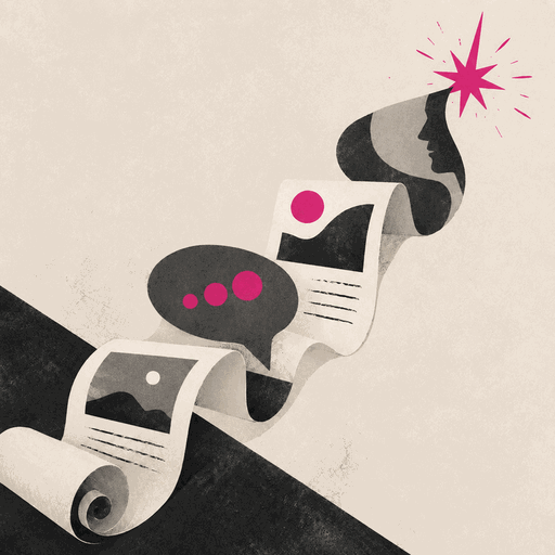 Editorial illustration of ideas flowing into a story