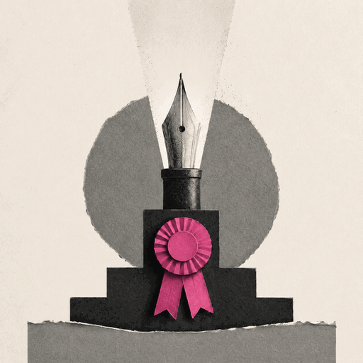 Editorial illustration of a pen, podium and award